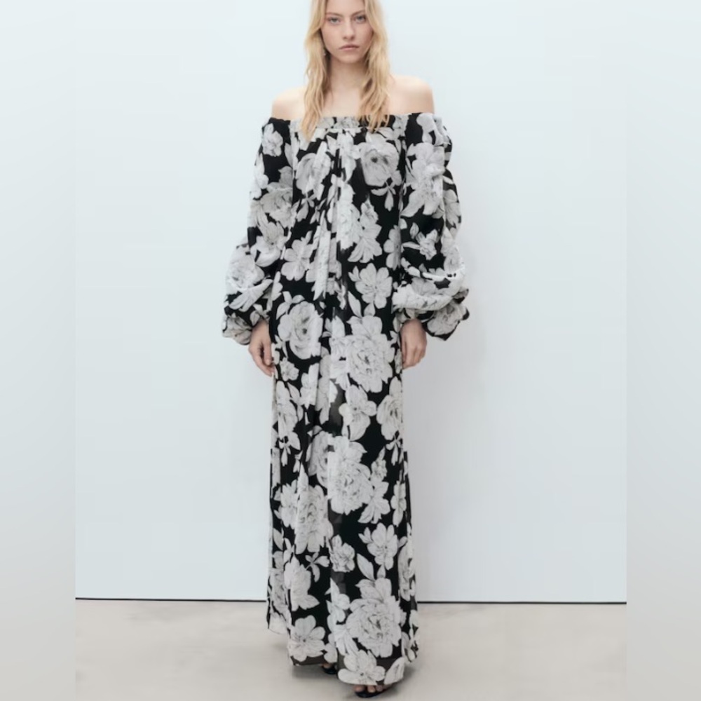 Mango Black & White Floral Off-Shoulder Dress